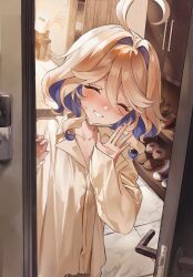 1girl absurdres blue_hair blush clenched_teeth closed_eyes contemporary cowlick dasha doorway furina_(genshin_impact) genshin_impact highres light_particles mask mouth_mask pov_doorway shirt shoe_rack shoes solo surgical_mask sweatdrop teeth wavy_hair white_hair white_shirt