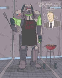 2boys absurdres american_flag apron armor clenched_hand closed_eyes colored_skin enclave_(fallout) english_text fallout fallout_2 formal_clothes frank_horrigan green_skin grill helmet highres multiple_boys necktie power_armor size_difference smile suit toffee_32