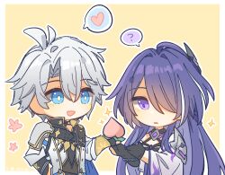 Rule 34 | 1boy, 1girl, ?, acheron (honkai: star rail), ahoge, antenna hair, armor, black gloves, blue eyes, center opening, chest belt, chibi, chibi only, chinese commentary, coat, couple, food, fruit, gloves, hair between eyes, hair ornament, hair over one eye, hands up, happy, heart, high collar, highres, holding, holding food, holding fruit, honkai: star rail, honkai (series), huge ahoge, japanese clothes, long hair, long sleeves, looking at food, looking down, looking to the side, multicolored eyes, multicolored hair, open mouth, peach, phainon (honkai: star rail), purple eyes, purple hair, short hair, shoulder armor, simple background, spoken heart, spoken question mark, standing, streaked hair, wavy hair, white hair, wide sleeves, xingzidreamxing, yellow background, yellow pupils