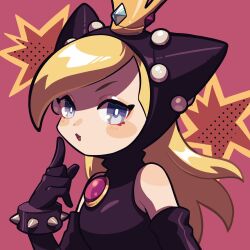 Rule 34 | 1girl, :3, an-chan (ananna0315), bare shoulders, black dress, black gloves, blonde hair, blue eyes, blush, bracelet, crown, dress, elbow gloves, gloves, hand up, highres, hood, hood up, hooded dress, index finger raised, jewelry, long hair, looking at viewer, mario (series), mario power tennis, mario tennis, mini crown, nintendo, pink background, simple background, solo, spiked bracelet, spikes, warupeach