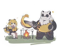 1boy 1girl animal_ears belly black_fur black_pants black_shorts blonde_hair bracelet campfire chinese_clothes closed_eyes closed_mouth cooking fat food fried_rice furry furry_male hashtag-only_commentary highres holding holding_ladle jewelry ju_fufu ladle llefi looking_at_another multicolored_fur notice_lines open_mouth pan_yinhu panda_boy panda_ears pants plump shirt shorts sitting smile sparkle spiked_bracelet spikes tail tiger_ears tiger_tail white_background white_fur wok yellow_fur yellow_shirt zenless_zone_zero