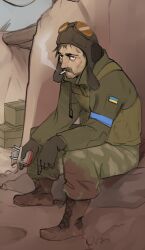 Rule 34 | 1boy, arbuz budesh, armband, blue armband, box, brown gloves, bulletproof vest, cable, camouflage, camouflage pants, dirt, dirty, dirty clothes, dirty face, dirty feet, exhausted, facial hair, gloves, green jacket, hat, helmet, jacket, looking at viewer, male focus, military, military combat uniform, military hat, military uniform, mustache, old, old man, original, outdoors, pants, russo-ukrainian war, sitting, smoking, tank helmet, trench, ukraine, ukrainian flag