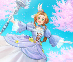 1girl aerith_gainsborough aerith_gainsborough_(classic_coney) animal_ear_headwear blue_choker blue_dress blue_sky braid braided_ponytail breasts brown_hair cherry_blossoms choker dress dress_flower easter_egg egg fake_animal_ears falling_petals final_fantasy final_fantasy_vii final_fantasy_vii_ever_crisis flower frilled_dress frills gloves green_eyes hat hat_flower holding holding_staff lily_(flower) long_dress long_sleeves medium_breasts mini_hat official_alternate_costume open_mouth outdoors outstretched_arms parted_bangs petals pink_petals ribbon_choker sidelocks single_braid sky smile solo staff white_gloves yahokichi_ma yellow_flower