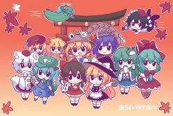 Rule 34 | 6+girls, :3, aki minoriko, aki shizuha, animal, animal ears, animal on head, apron, ascot, autumn leaves, backpack, bag, black hat, black skirt, black vest, black wings, blonde hair, blue hair, blush, bow, braid, brown hair, camera, chibi, chibi only, closed mouth, commentary, cucumber, detached sleeves, dress, eating, falling leaves, flying, frilled bow, frilled hair tubes, frills, frog, frog hair ornament, front ponytail, gohei, grape hat ornament, green bag, green hair, green hat, hair bobbles, hair bow, hair ornament, hair ribbon, hair tubes, hakurei reimu, hashtag-only commentary, hat, hat bow, highres, holding, holding camera, holding gohei, inubashiri momiji, kagiyama hina, kawashiro nitori, key, kirisame marisa, kochiya sanae, leaf, leaf hair ornament, leaf on head, long hair, maple leaf, mini-hakkero, mob cap, moriya suwako, mountain of faith, multiple girls, on head, open mouth, pointy ears, pom pom (clothes), purple hair, red bow, red dress, red hat, red ribbon, red skirt, ribbon, ribbon-trimmed sleeves, ribbon trim, rope, shameimaru aya, shimenawa, shirt, siblings, side braid, silverrain, single braid, single hair tube, sisters, skirt, skirt set, smile, snake hair ornament, socks, tail, tokin hat, torii, touhou, tress ribbon, twitter username, two side up, very long hair, vest, waist apron, white bow, white shirt, white socks, wings, witch hat, wolf ears, wolf girl, wolf tail, yasaka kanako, yellow ascot