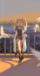 1girl absurdres against_railing angelina_(arknights) animal_ears arknights bird black_collar black_gloves black_shirt black_shorts black_socks blonde_hair blueman blurry blurry_foreground blush boots brown_eyes chinese_commentary closed_mouth coat collar commentary_request fox_ears fox_girl full_body gloves hairband highres leaning_back long_hair long_sleeves looking_at_viewer open_clothes open_coat outdoors outstretched_leg over_shoulder railing red_hairband shadow shirt short_shorts shorts sidelighting skyline socks solo staff star_(sky) twilight twintails weapon weapon_over_shoulder white_coat