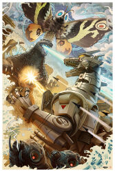 antennae atomic_breath blue_eyes breath_weapon bug building butterfly butterfly_wings caterpillar chest_beam chest_cannon city claws cloud compound_eyes cyborg day destruction dust electricity embers energy_beam energy_cannon energy_weapon evening exhaust explosion flying giant giant_monster giant_robot glowing glowing_eyes glowing_spikes godzilla godzilla:_tokyo_s.o.s. godzilla_(series) highres insect insect_wings kaiju kiryu_(godzilla) larva mandibles maser maser_beam maser_cannon mecha mechagodzilla metal_teeth military missile monster moth moth_wings mother_and_child mothra mouth_beam mouth_cannon no_humans no_pupils official_art open_mouth pablo_olivera plasma plasma_beam red_eyes robot scales scar scar_on_chest sharp_teeth siblings silk skyscraper smoke smoke_trail sparks spikes tail teeth textless_version toho tongue twilight twins type-4_triple_hyper_maser_cannon type-99_twin_maser_cannon variant_set water waterpaint waves weapon web wings yellow_eyes