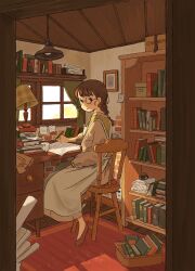 1girl apron basket book book_stack bookshelf braid braided_ponytail brick_wall brown_dress brown_footwear brown_hair ceiling_light closed_mouth commentary cup curtains day desk dress full_body glasses highres holding holding_pen indoors inkwell lamp long_hair looking_at_viewer marunoki on_chair original paper pen puffy_sleeves rug solo sunlight teacup white_apron window wooden_ceiling wooden_chair wooden_floor writing