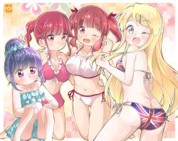 Rule 34 | 4girls, bikini, birthday, blonde hair, blue hair, blush, bow, breasts, company connection, hair bun, hair ornament, hairclip, happy birthday, highres, kin-iro mosaic, koisuru asteroid, kujou karen, long hair, looking at viewer, manga time kirara, multiple girls, one eye closed, open mouth, purple eyes, red eyes, red hair, sakurai chikage, sakurai mikage, shima rin, single hair bun, smile, swimsuit, takecho, touyama nao, union jack, union jack bikini, very long hair, voice actor connection, x hair ornament, yurucamp