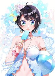Rule 34 | 1girl, ahoge, air bubble, aqua eyes, armpit crease, ball, beachball, black hair, blue eyes, blush, breasts, bubble, collarbone, commentary, earrings, food, frills, hair ornament, hairclip, highres, holding, hololive, jewelry, large breasts, licking, lipnocoa, navel, oozora subaru, popsicle, seashell, shell, short hair, signature, solo, starfish, stomach, swept bangs, swimsuit, symbol-only commentary, tongue, tongue out, upper body, virtual youtuber, watermark, yellow nails