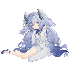 1girl abby_(azur_promilia) absurdres azur_promilia bandaged_leg bandages blue_dress blue_eyes blue_hair blue_shoes chinese_commentary cleavage_cutout clothing_cutout commentary_request cross dragon_horns dragon_tail dress elbow_gloves flantia flower gloves gradient_clothes gradient_dress gradient_hair hair_between_eyes hair_flower hair_ornament highres horns long_hair looking_at_viewer lying multicolored_hair on_back pantyhose parted_lips shoes simple_background single_leg_pantyhose sitting sleeveless sleeveless_dress solo tail transparent_background two-tone_dress white_dress white_flower white_gloves white_hair white_pantyhose
