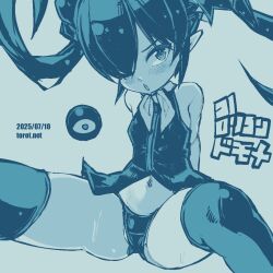 1girl ;o arms_behind_back backbeako_(torotei) backbeard bare_shoulders blue_background blue_theme blush breasts commentary dated dated_commentary gegege_no_kitarou hair_over_one_eye hair_ribbon kono_lolicon_domome long_hair looking_at_viewer monochrome navel neckerchief no_pants one_eye_closed open_mouth original paid_reward_available panties petite pointy_ears ribbon shirt simple_background sitting sleeveless sleeveless_shirt small_breasts solo spread_legs sweat thighhighs torotei translated twintails underwear very_long_hair watermark web_address