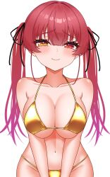 1girl absurdres bare_shoulders bikini breasts cleavage gold_bikini golden_week golden_week_bikini heterochromia highres hololive houshou_marine large_breasts long_hair red_eyes red_hair simple_background solo swimsuit twintails virtual_youtuber white_background yellow_eyes zakitaku8311