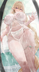 Rule 34 | 1girl, absurdres, azur lane, bathroom, between breasts, blonde hair, blush, bra, braid, braided ponytail, breasts, closed mouth, covered navel, earrings, elf, gem, gold thighlet, gold trim, gouden leeuw (azur lane), green gemstone, hair between eyes, hair intakes, highres, huge breasts, indoors, jewelry, long hair, looking at viewer, mole, mole under eye, navel, no panties, pelvic curtain, pointy ears, pubic tattoo, purple eyes, revealing clothes, see-through clothes, see-through pelvic curtain, shower (place), solo, standing, stomach, suo bu ye feng, tattoo, thick thighs, thighlet, thighs, underwear, very long hair, water, wet, white bra, wide hips