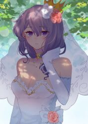 1girl absurdres bow breasts bridal_veil cleavage crown dress eiyuu_densetsu elbow_gloves flower gloves gold_choker hair_between_eyes hair_flower hair_ornament hajimari_no_kiseki hand_on_own_neck highres jewelry looking_at_viewer medium_breasts medium_hair official_alternate_costume pink_flower pink_rose purple_eyes purple_hair rixia_mao rose sakuradonuts solo strapless strapless_dress veil wedding_dress white_bow white_dress white_flower white_gloves white_rose