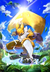 blue_eyes body_fur digimon digimon_(creature) electricity eye_trail full_body glowing glowing_eye grass highres kitsune light_trail outdoors renamon sigule_(ama_sigule) solo standing sunlight yellow_fur yellow_tail yin_yang