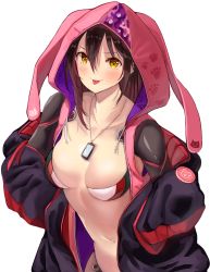 1girl :p android animal_hood aonaga_heri black_jacket blush breasts brown_hair cleavage collarbone commentary dog_tags drawstring eyebrows_hidden_by_hair from_above gradient_hair hair_between_eyes hands_in_pockets highres hololive hood hood_up hooded_vest hoodie jacket long_sleeves looking_at_viewer mechanical_arms mechanical_legs multicolored_hair navel off-shoulder_jacket off_shoulder open_clothes open_jacket open_vest paw_print pink_vest rabbit_hood roboco-san short_hair sidelocks simple_background smile solo standing tongue tongue_out vest virtual_youtuber white_background yellow_eyes