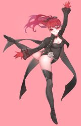 Rule 34 | 1girl, absurdres, ass, black choker, black jacket, black leotard, black ribbon, black shoes, black thighhighs, blush, breasts, buttons, choker, clanney, cleavage, closed mouth, collarbone, commentary, cropped jacket, dancing, eyelashes, flexible, floating hair, flower, full body, gloves, hair ribbon, high heels, highres, jacket, legs, leotard, long hair, long sleeves, looking at viewer, medium breasts, open clothes, open jacket, outstretched arms, outstretched leg, persona, persona 5, persona 5 the royal, phantom thief, pink background, ponytail, red eyes, red gloves, red hair, ribbon, rose, shoes, simple background, smile, solo, standing, standing on one leg, thighhighs, thighs, white flower, white rose, wide sleeves, yoshizawa kasumi