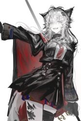 Rule 34 | 1girl, absurdres, animal ears, arknights, black gloves, black jacket, black skirt, cape, gloves, grey eyes, high-waist skirt, highres, jacket, kotowaza, lappland (arknights), lappland the decadenza (arknights), material growth, necktie, oripathy lesion (arknights), red cape, red necktie, scar, scar across eye, scar on face, shirt, simple background, skirt, solo, tail, white background, white hair, white shirt, wolf ears, wolf girl, wolf tail