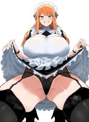1girl apron bad_id bad_twitter_id black_panties black_skirt black_thighhighs blush bracelet breasts cameltoe cleavage cleavage_cutout clothes_lift clothing_cutout commentary_request dashi_kani earrings from_below gakuen_idolmaster garter_belt garter_straps green_eyes hair_ornament hairclip high_heels highres hoop_earrings idolmaster jewelry kneeling lace lace-trimmed_panties lace_trim large_breasts long_hair looking_at_viewer maid maid_apron maid_headdress mole mole_under_eye orange_hair panties shiun_sumika skindentation skirt skirt_lift smile solo straight_hair sweat thick_thighs thighhighs thighs underwear upskirt white_background