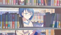 1girl bag blue_eyes blue_hair blue_shirt book bookshelf brown_bag cheer_with_my_heart!_(project_sekai) collarbone colorful_palette grey-framed_eyewear handbag highres holding holding_book kiritani_haruka library official_art project_sekai reading shirt short_hair sweater third-party_source too_many too_many_books upper_body yellow_sweater