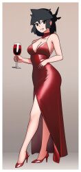 1girl black_eyes black_hair borrowed_character breasts cleavage cup dress drinking_glass full_body gradient_background grey_background highres holding holding_cup looking_at_viewer lucia_(scott_malin) mcarthur1010 medium_breasts medium_hair original parted_lips photoshop_(medium) red_dress side_slit sleeveless sleeveless_dress smile solo standing wine_glass