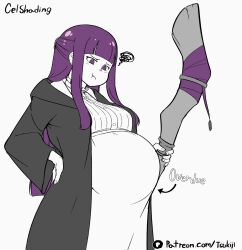 1girl absurdres belly big_belly breasts closed_mouth english_text fern_(sousou_no_frieren) hand_on_own_back highres holding holding_staff patreon_logo purple_hair sousou_no_frieren staff stomach tsukijitums watermark web_address
