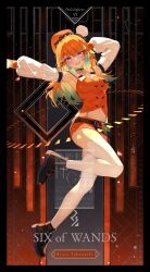 1girl :d armpits beret bilingual_commentary black_shoes breasts buttons card_(medium) character_name chef_hat colored_inner_hair commentary detached_sleeves double-breasted english_commentary english_text feathers full_body gradient_hair green_feathers green_hair hair_flaps hand_up hat highres hololive hololive_english ishihara_(kuniyoshi) looking_at_viewer medium_breasts midriff mini_hat miniskirt mixed-language_commentary multicolored_hair multiple_hats navel open_mouth orange_hair orange_hat orange_skirt orange_vest outstretched_arm purple_eyes ribbed_sleeves shoes skirt smile sneakers solo takanashi_kiara takanashi_kiara_(1st_costume) tarot tarot_(medium) teeth thighhighs upper_teeth_only vest watermark white_hat white_thighhighs