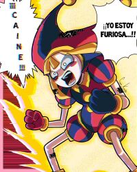 Rule 34 | 1girl, anger vein, angry, asymmetrical gloves, aura, blonde hair, blue gloves, blush stickers, cavi keda, chromatic aberration, clenched teeth, colored skin, corruption, dragon ball, dragonball z, emphasis lines, glitch, gloves, hat, hat bell, highres, hunched over, jester, jester cap, jester costume, mismatched gloves, multicolored hat, no nose, open mouth, parody, pomni (the amazing digital circus), powering up, puffy short sleeves, puffy sleeves, red gloves, scene reference, screaming, short hair, short sleeves, solo, spanish text, striped clothes, striped headwear, super saiyan, super saiyan 1, teeth, the amazing digital circus, transformation, translated, veins, vertical-striped bodysuit, vertical-striped clothes, vertical-striped headwear, white eyes, white skin