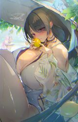 Rule 34 | 3girls, absurdres, black hair, blue archive, blush, breasts, cleavage, closed mouth, commentary request, eyes visible through hair, hanako (blue archive), hanako (swimsuit) (blue archive), hat, highres, hinata (blue archive), hinata (swimsuit) (blue archive), huge breasts, knees up, koharu (blue archive), koharu (swimsuit) (blue archive), long hair, looking at viewer, multiple girls, one-piece swimsuit, pink hair, red eyes, signature, solo focus, swimsuit, syafa, thighs, white hat, white one-piece swimsuit