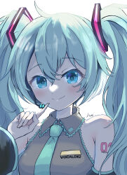 Rule 34 | 1girl, absurdres, ahoge, aqua eyes, aqua hair, aqua necktie, armpit crease, bare shoulders, blush, breasts, closed mouth, collared shirt, ekaki panda, grey shirt, hair between eyes, hair ornament, hatsune miku, headphones, highres, index finger raised, long hair, medium breasts, necktie, number tattoo, pointing, pointing at self, shirt, simple background, sleeveless, sleeveless shirt, smile, solo, tattoo, twintails, upper body, very long hair, vocaloid, white background