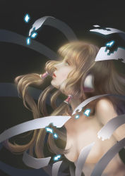 1girl bandages blonde_hair blunt_bangs chii chobits convenient_censoring dark derivative_work dissolving from_side hair_censor hair_tubes jia05712009 lips long_hair nude profile realistic robot_ears sidelocks solo upper_body very_long_hair