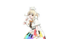 1girl blonde_hair blush braid capelet colorful_dreams!_colorful_smiles!_(love_live!) cowboy_shot dress earmuffs fur-trimmed_capelet fur-trimmed_collar fur_trim hand_up highres looking_at_viewer love_live! love_live!_nijigasaki_high_school_idol_club love_live!_school_idol_festival_2 medium_hair miyashita_ai musical_note musical_note_print neck_ribbon official_art open_mouth orange_eyes orange_ribbon piano_print rainbow_print rainbow_skirt ribbon sidelocks single_braid smile standing white_capelet white_dress wristband