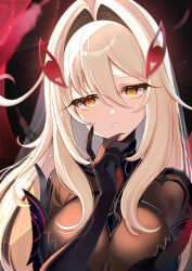 Rule 34 | 1girl, artist name, black background, black dress, bodystocking, breasts, cleavage, commentary request, cowlick, dress, eye hair ornament, eye symbol, falling feathers, feathers, fukaya miku, genshin impact, hair between eyes, hair intakes, hair ornament, hand up, highres, large breasts, light particles, long hair, long hair between eyes, looking at viewer, parted lips, partial commentary, ronova (genshin impact), see-through cleavage, see-through clothes, side ahoge, sidelocks, solo, symbol-shaped pupils, upper body, very long hair, white hair, yellow eyes