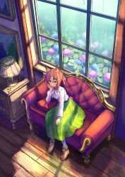 1girl absurdres animal_ears brown_hair brown_shoes casual couch fine_motion_(umamusume) flower from_above green_eyes green_skirt hair_between_eyes hair_ribbon highres horse_ears horse_girl hydrangea ikaashi_you indoors long_skirt long_sleeves looking_ahead on_couch ribbon shirt shoes sitting skirt socks solo umamusume white_hair white_shirt