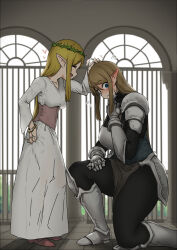 2girls absurdres armor armored_boots black_bodysuit blonde_hair blue_eyes blush bodysuit boots breastplate breasts clenched_hand closed_eyes commentary corset crown dress ear_blush elf flying_sweatdrops from_side gauntlets hand_on_lap hand_on_own_chest hand_on_own_hip headpat heart highres knight large_breasts light_brown_hair long_dress long_hair medium_breasts multiple_girls on_one_knee open_mouth original pauldrons pelvic_curtain petting pointy_ears princess shin_guards shoulder_armor sidelocks size_difference standing sweatdrop swept_bangs thick_thighs thighs uru_(uru0000) white_dress yuri