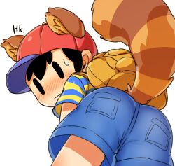 1boy animal_ears ass ass_focus backpack bag black_hair blue_shorts blush cap highres huge_ass kyojiri_shota legs looking_back male_focus mother_(series) mother_2 ness_(mother_2) nintendo raccoon_ears raccoon_tail red_cap shirt shoes shorts shota sneakers socks srtiped_shirt super_smash_bros. sweat sweatdrop tail white_socks yellow_shirt
