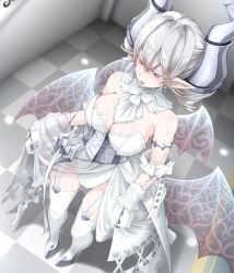 Rule 34 | 1girl, bare shoulders, blush, breasts, cleavage, clothes lift, demon girl, demon horns, demon wings, dress, dress lift, drill hair, duel monster, earrings, full body, garter straps, grey eyes, grey hair, high heels, highres, horns, jewelry, large breasts, leotard, lifting own clothes, lovely labrynth of the silver castle, multiple wings, nokia (nm), pointy ears, solo, textless version, thighhighs, transparent wings, twin drills, white leotard, white thighhighs, white wings, wings, yu-gi-oh!