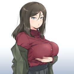 1girl black_hair blue_eyes blush breasts girls_und_panzer gradient_background huaronanago large_breasts long_hair looking_at_viewer military_uniform nonna_(girls_und_panzer) open_mouth pravda_military_uniform simple_background solo upper_body