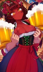 1boy 1girl apron assisted_exposure beer_mug black_hair blunt_bangs body_freckles braid breasts breasts_out colored_skin cup demon_girl demon_horns demon_tail dirndl dutch_angle flower freckles german_clothes hair_between_horns hair_flower hair_ornament highres holding holding_cup horns long_hair medium_breasts meruccubus_(merunyaa) merunyaa mole mole_under_eye mug nipple_piercing nipples oktoberfest oni original piercing pointy_ears red_oni red_skin red_tail skin-covered_horns tail twin_braids underbust waist_apron watermark web_address yellow_eyes