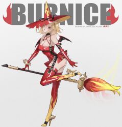 1girl alternate_costume artist_name ass bare_shoulders blonde_hair boots breasts burnice_white character_name cleavage commentary demon_wings elbow_gloves english_commentary from_side gloves hat high_heels highres instagram_logo large_breasts leotard lips looking_at_viewer looking_to_the_side one_eye_closed patreon_logo princess_ailish red_eyes red_gloves red_hat red_leotard red_thighhighs solo strapless strapless_leotard thighhighs twintails twitter_logo two-tone_hat typo wings witch_hat yellow_boots yellow_hat zenless_zone_zero