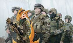 1other 2girls 5boys ak-74m ammunition_pouch assault_rifle balaclava beard black_hair blonde_hair bulletproof_vest camouflage camouflage_jacket combat_helmet commission facial_hair forest gloves gun helmet highres holding holding_weapon jacket kalashnikov_rifle kitsune laughing load_bearing_vest long_hair military_uniform multiple_boys multiple_girls multiple_tails nature original pouch rifle russo-ukrainian_war scope smile tail tomo_(aaron_ho_) usergore weapon yellow_eyes