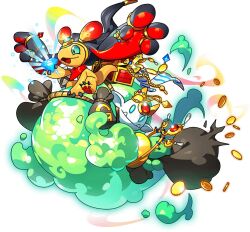 1other chibikemo coin diamond_(gemstone) dragon dragon_village_(series) dragon_village_collection eshu_(dragon_village) furry game_cg gold_coin green_eyes holding holding_sack hood hood_up jewelry monster necklace official_art riding sack third-party_source transparent_background treasure treasure_chest