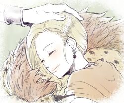 1boy 1girl aoni_koke bianca_(dq5) blonde_hair blush borongo bracelet braid cape close-up closed_mouth commentary_request dragon_quest dragon_quest_v earrings hair_behind_ear hand_on_another&#039;s_head hero_(dq5) jewelry leaning_forward lips long_hair neck_ring orange_cape out_of_frame single_braid smile upper_body yellow_fur