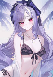 1girl absurdres ahoge bare_shoulders bikini black_bikini blush bow breasts cc_lin closed_mouth collarbone commentary front-tie_bikini_top front-tie_top hair_bow highres jewelry long_hair looking_at_viewer medium_breasts mole mole_under_eye multicolored_hair nail_polish navel necklace paid_reward_available pointy_ears purple_bow purple_hair red_eyes side-tie_bikini_bottom sidelocks solo stomach streaked_hair swimsuit very_long_hair vivian_banshee wet zenless_zone_zero