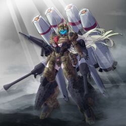 1girl absurdres antennae armor autocannon banshee_(last_origin) beam_rifle breasts camouflage cannon catastrophe_(catastroph13797) clothing_cutout crossover energy_gun green_hair groin groin_tendon gun gundam gundam_battle_operation_2 gundam_unicorn hair_between_eyes helm helmet highres holding holding_gun holding_weapon huge_breasts last_origin light_rays long_hair looking_at_viewer mecha_musume missile mountain overcast power_armor prototype_stark_jegan science_fiction sky solo standing thighs thrusters underboob underboob_cutout vernier_thrusters weapon
