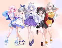 5girls alternate_costume aqua_hair bare_shoulders black_hairband black_shoes black_skirt blue_dress blue_hair blue_jacket blue_skirt breasts casual cleavage closed_mouth collarbone cropped_jacket crossed_bangs dress drill_hair drill_ponytail earrings face_jewel facial_mark firefly_(honkai:_star_rail) full_body gradient_hair grey_eyes grey_hair hair_between_eyes hair_ornament hairband halo hand_up head_wings high_heels highres honkai:_star_rail honkai_(series) jacket jewel_under_eye jewelry kottungyang long_hair long_sleeves looking_at_viewer march_7th_(honkai:_star_rail) medium_hair midriff miniskirt multicolored_eyes multicolored_hair multiple_girls navel off-shoulder_shirt off_shoulder open_clothes open_jacket open_mouth pink_eyes pink_hair pleated_skirt purple_nails purple_shoes purple_skirt red_jacket robin_(honkai:_star_rail) shirt shoes silver_wolf_(honkai:_star_rail) single_earring skirt sleeveless sleeveless_dress smile socks sparkle_(honkai:_star_rail) standing standing_on_one_leg teeth thigh_strap thighs twintails upper_teeth_only white_dress white_shirt white_shoes white_socks white_wings wings yellow_dress
