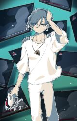 Rule 34 | 1girl, arm up, blue theme, closed mouth, commentary request, fake video, feet out of frame, hair between eyes, hand on own head, highres, holding, holding mask, kisaragi ayumi, looking at viewer, mask, nogizi, pants, shirt, short hair, short sleeves, silhouette, solo, spoilers, standing, toshi densetsu kaitai center, triangle necklace