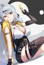 1girl absurdres asymmetrical_gloves belt black_gloves black_shorts black_thighhighs breasts cleavage cleavage_cutout clothing_cutout elbow_gloves fingerless_gloves gloves hair_ornament hairclip high-waist_shorts highres large_breasts long_hair looking_at_viewer omte97 shirt shorts single_thighhigh smile solo thighhighs thighs white_hair white_shirt yellow_eyes yin_yang_pin yixuan_(zenless_zone_zero) zenless_zone_zero