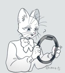 1boy ? animal_hands babeldj blue_eyes body_fur bow bowtie cat_boy claws commentary_request cropped_torso facial_mark furry furry_male grey_background hands_up holding long_sleeves male_focus original puffy_long_sleeves puffy_sleeves shirt simple_background solo upper_body whisker_markings white_fur white_shirt