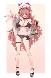 1girl absurdres alternate_costume bikini black_bikini black_choker black_horns blue_archive breasts choker cleavage commentary_request double_bun fake_horns fingernails frilled_bikini frills full_body hair_bun halo highres horns jewelry kirara_(blue_archive) large_breasts long_fingernails long_hair looking_at_viewer nail_polish navel necklace pink_eyes pink_hair pink_halo red_nails sandals solo standing swimsuit td_(tandeom97) thighs transparent_bag very_long_hair w
